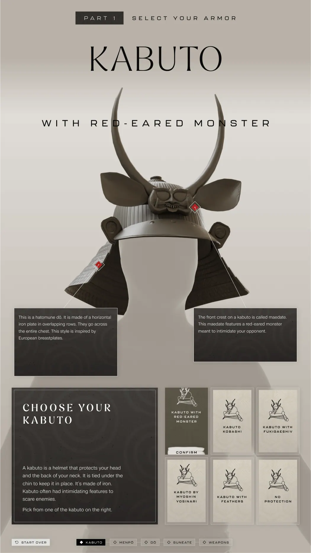 Samurai exhibit armor selection screen