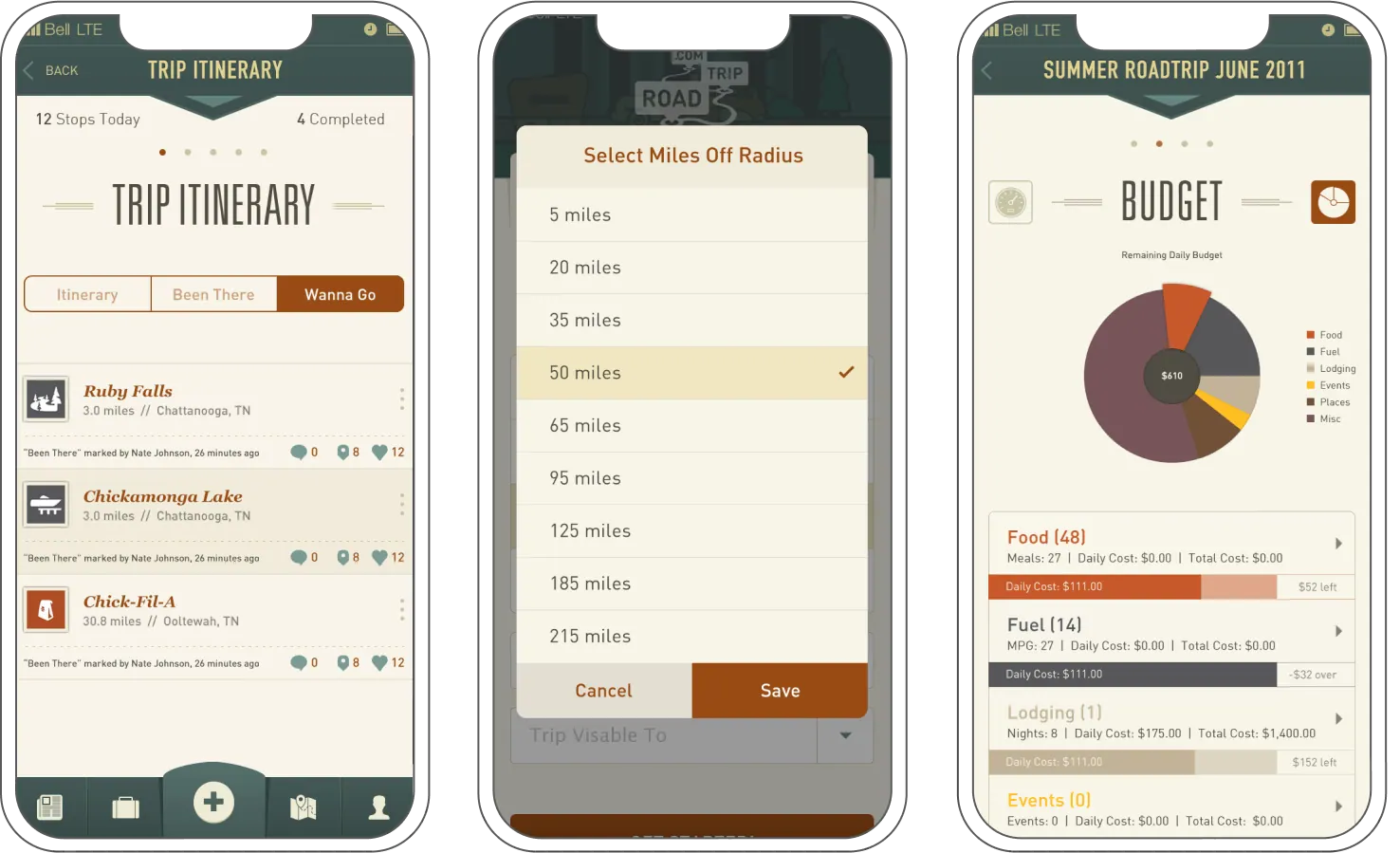 Three Roadtrip.com app screens, trip itinerary, radius selector, and budget.