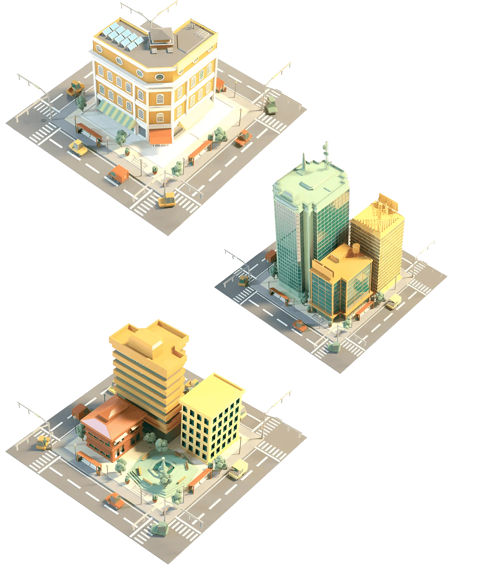Isometric 3D blocks of the connected city districts.