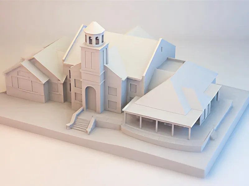 A clay and wireframe render of a Lee University campus building.