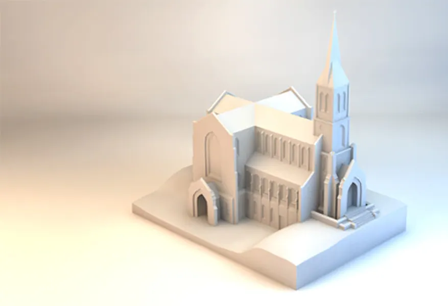 A clay and wireframe render of a Lee University campus building.