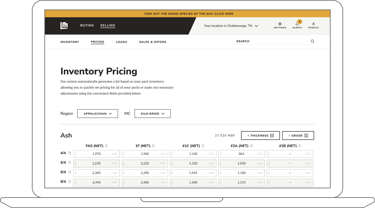 Lumber Marketplace inventory pricing dashboard on a laptop.