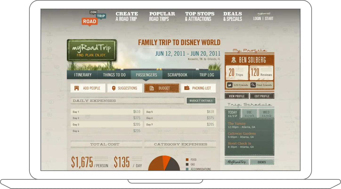 Roadtrip.com desktop trip planner shown on a laptop.