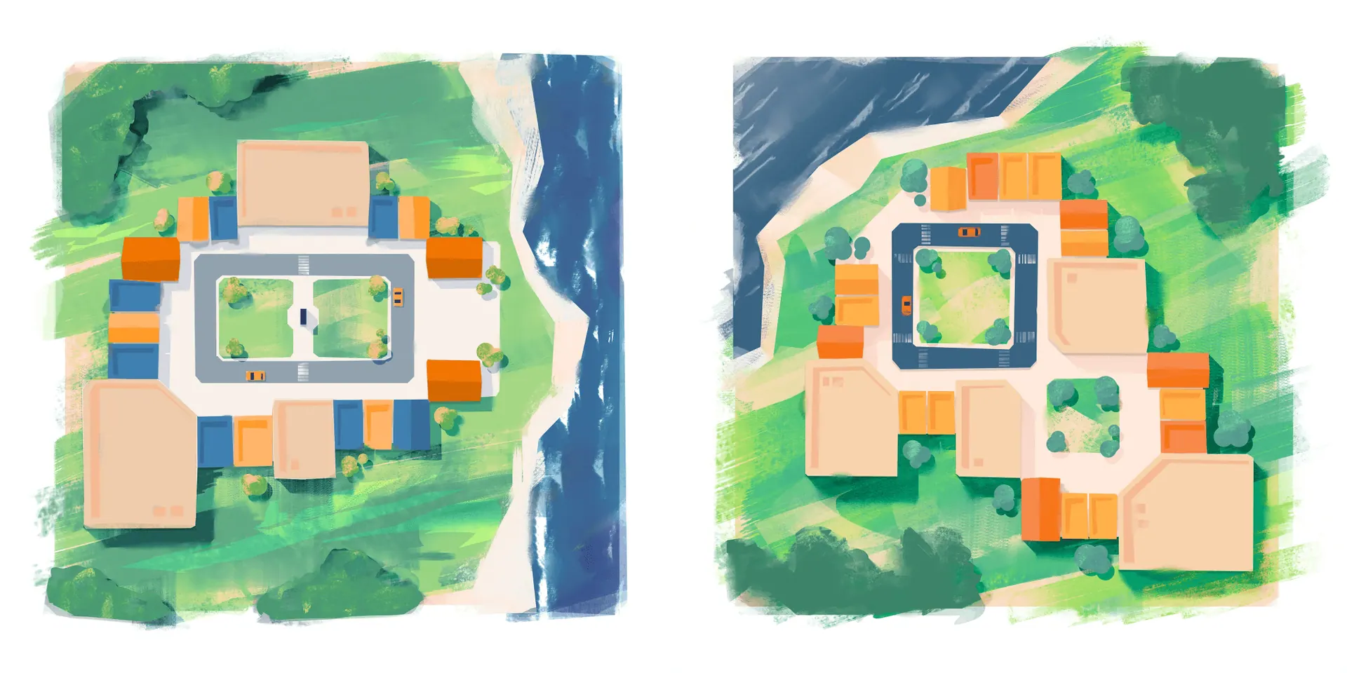 Early concept sketches of the Main Street buildings.