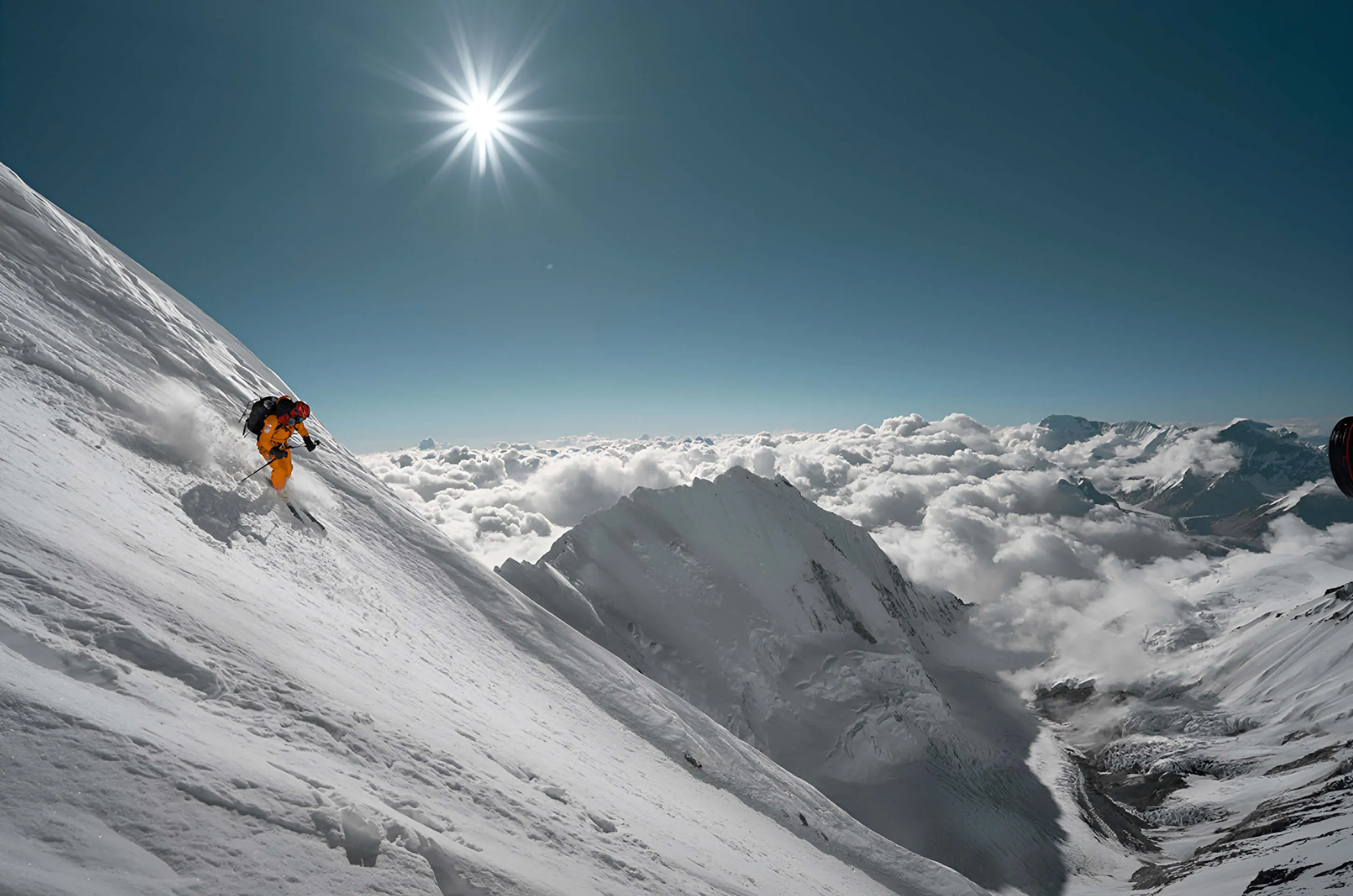 A skier descends the steep upper face of Lhotse Couloir above a sea of clouds, during the first-ever ski descent, September 2018.