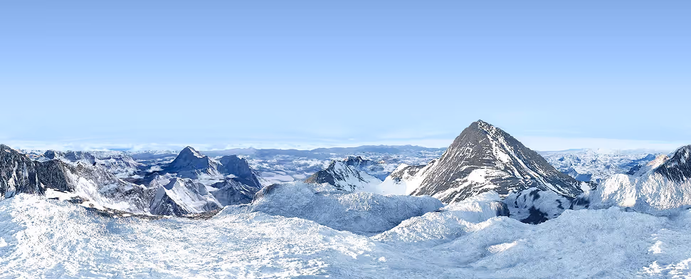 A wide panoramic 3D render of the snow-covered Everest massif, built for the experience's 360-degree skyboxes.