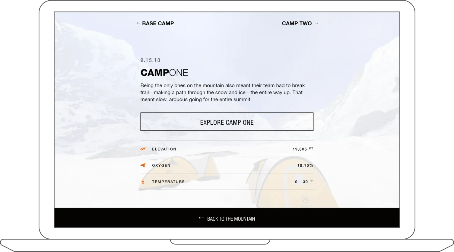 The Camp One screen on a laptop, showing live elevation, oxygen, and temperature readouts alongside the expedition log.