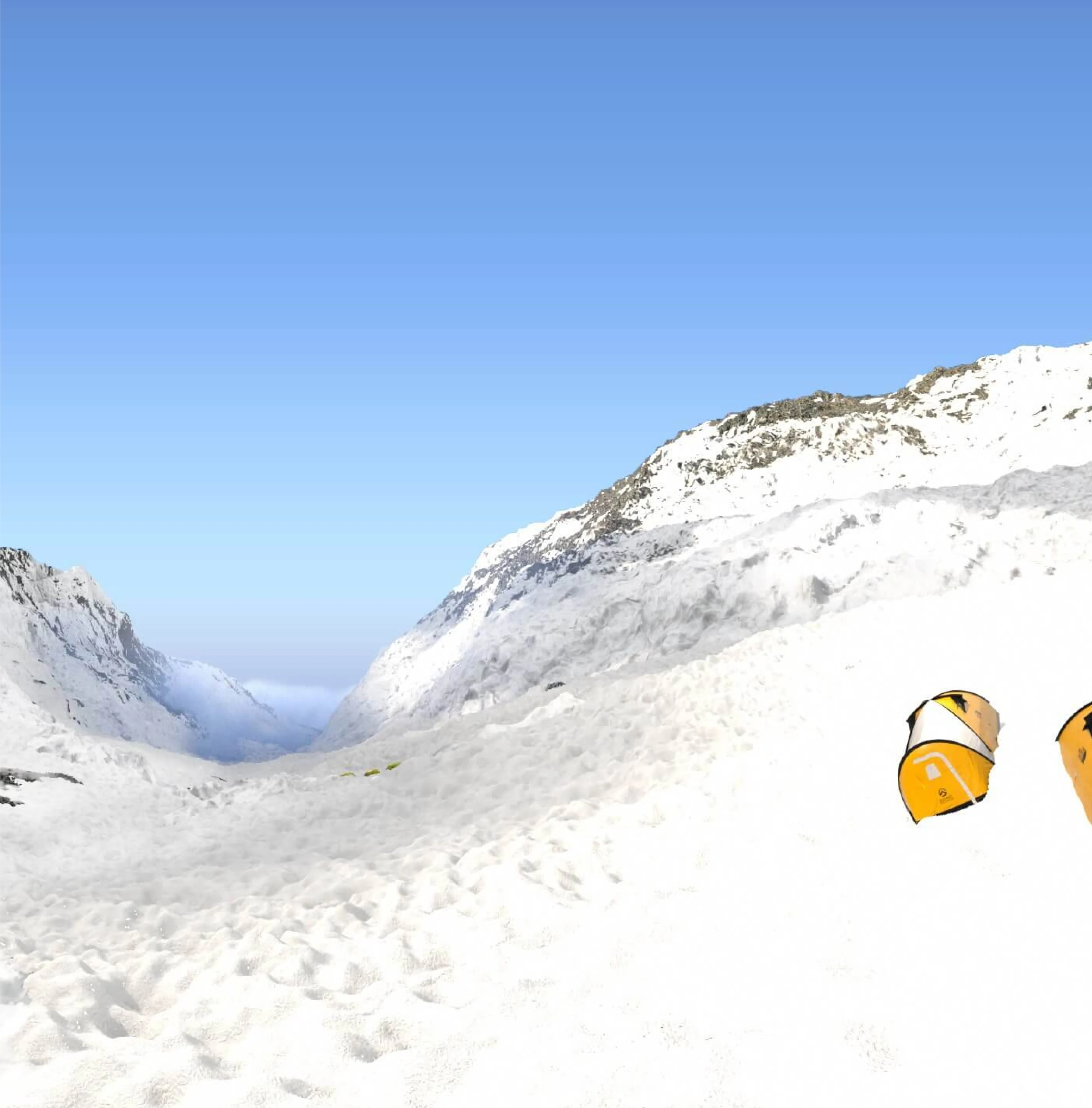 A ground-level view up the snow couloir from inside the 3D experience, with orange expedition tents pitched below.