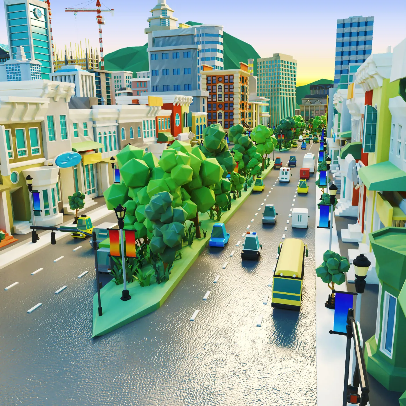 A sweeping 3D render of the digital metro at dusk.