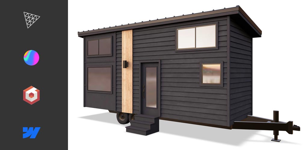 3D tiny house render beside Three.js, Spline, Babylon.js, and Webflow logos, from Triptych's guide to 3D tools