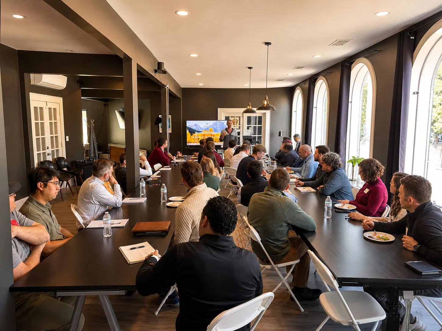 Business leaders seated around long tables at a Triptych leadership session, a presenter speaking beside a screen