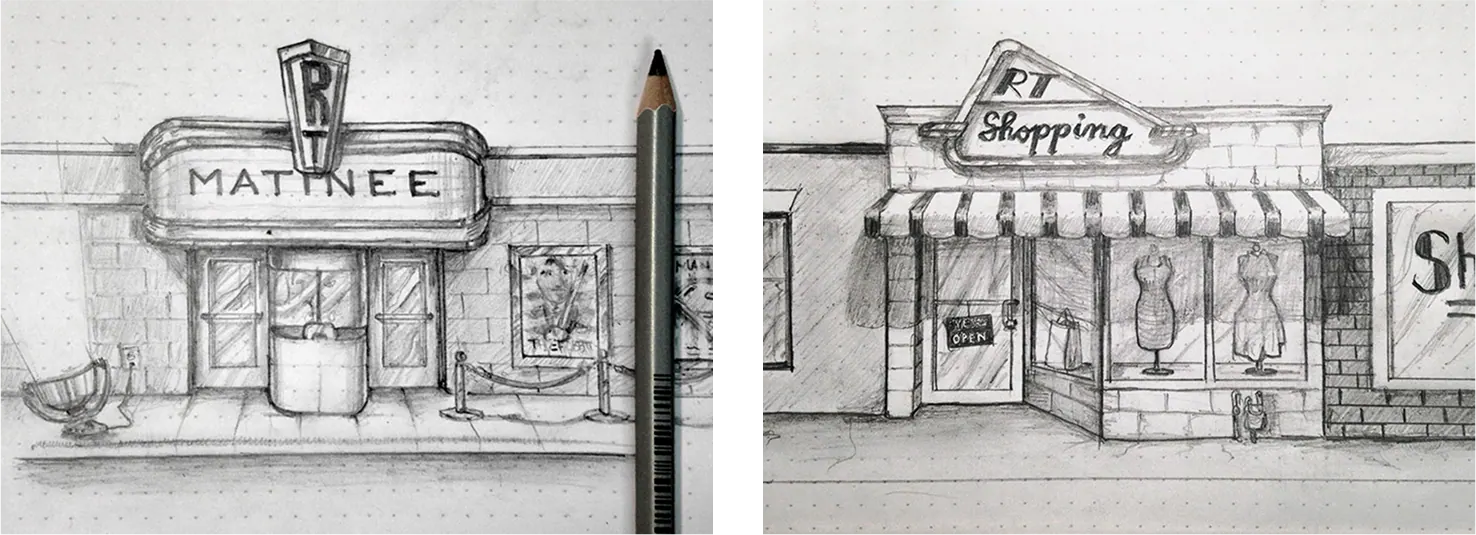 Pencil sketches of retro roadside storefronts.