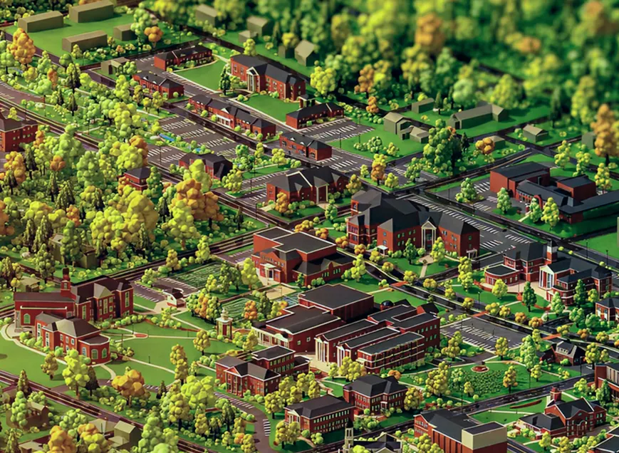 The stylized low-poly version of the Lee University campus.