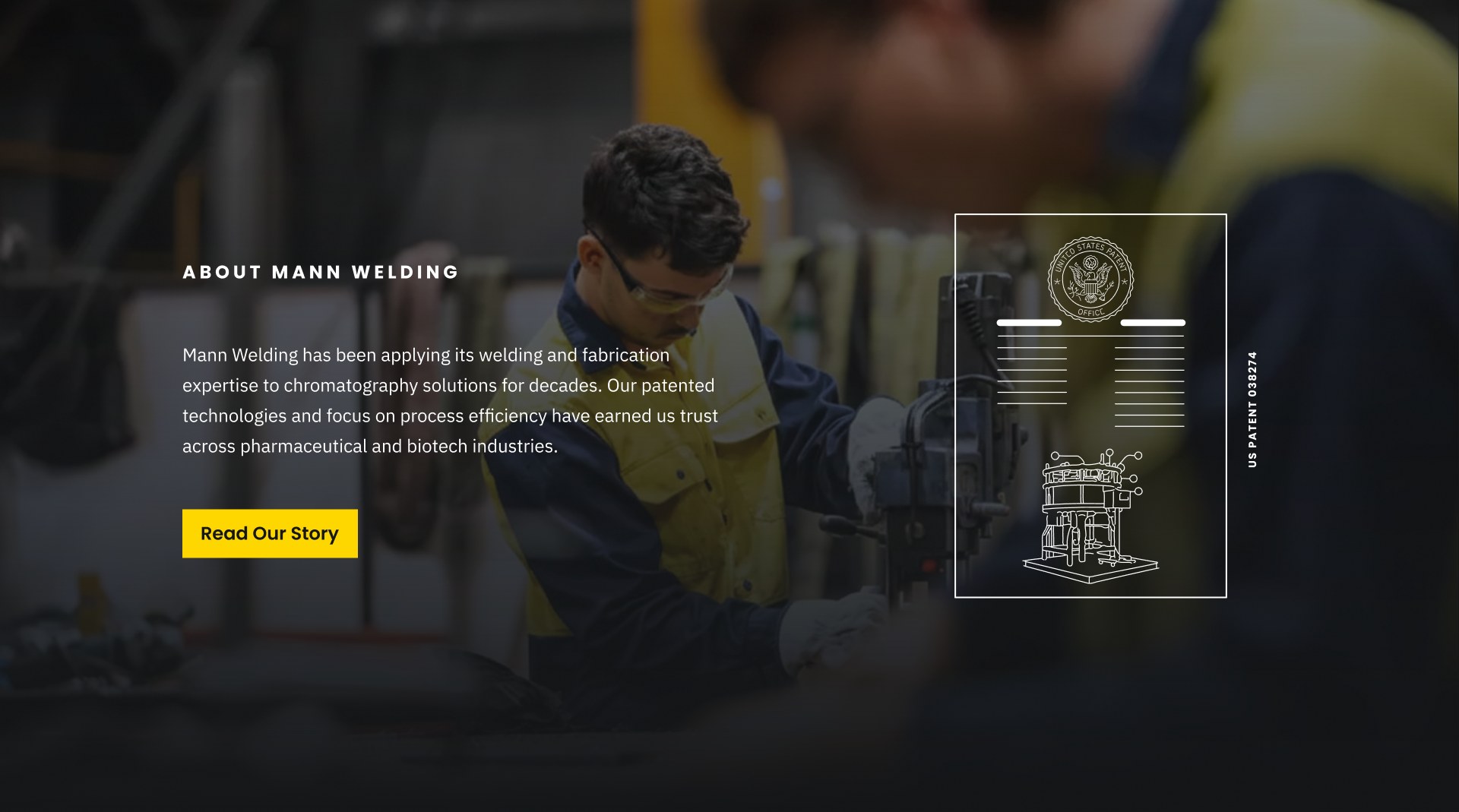 The About Mann Welding band with a welder at work behind the company mark