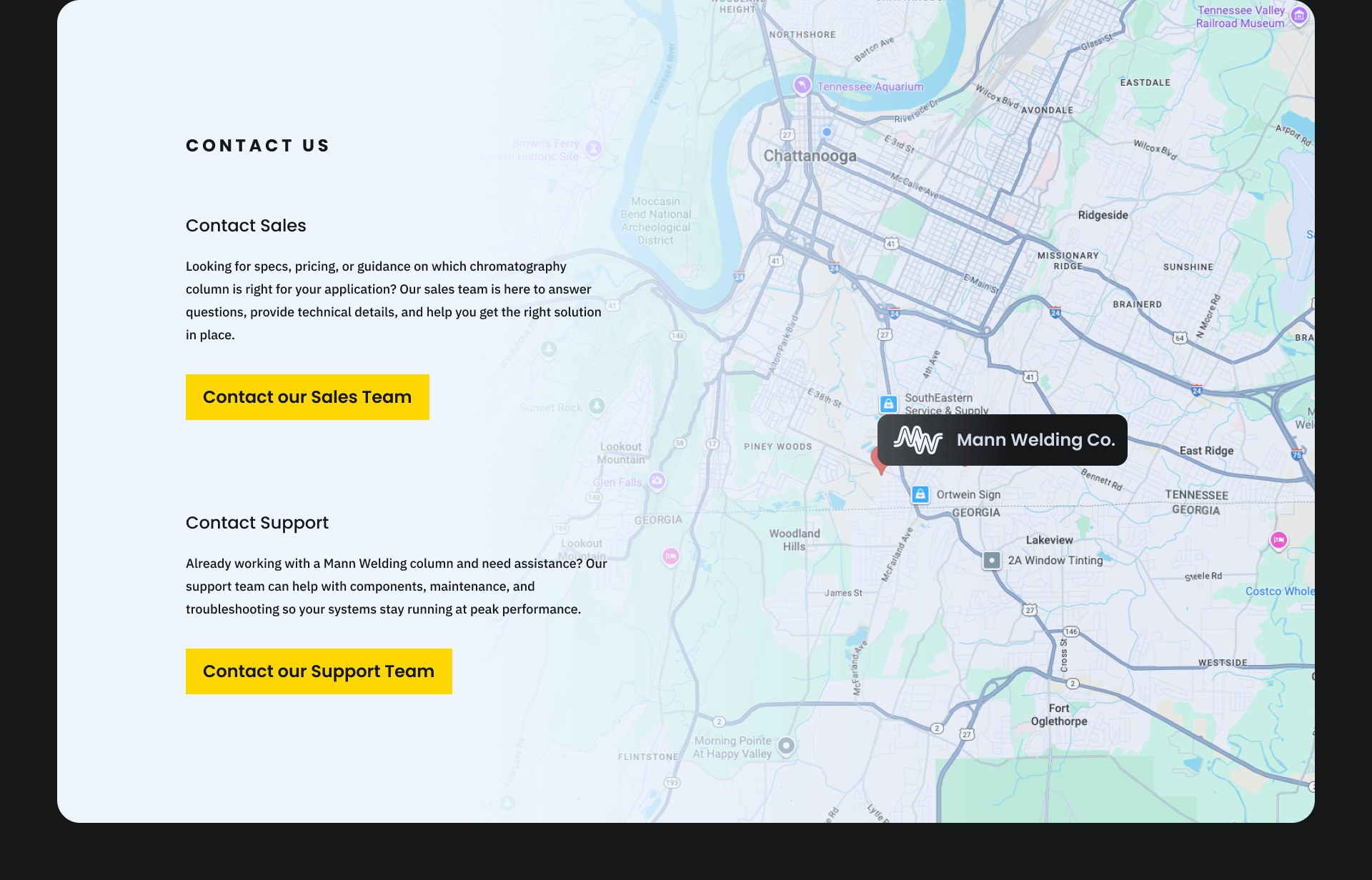 The contact section with sales and support paths beside a map of Chattanooga