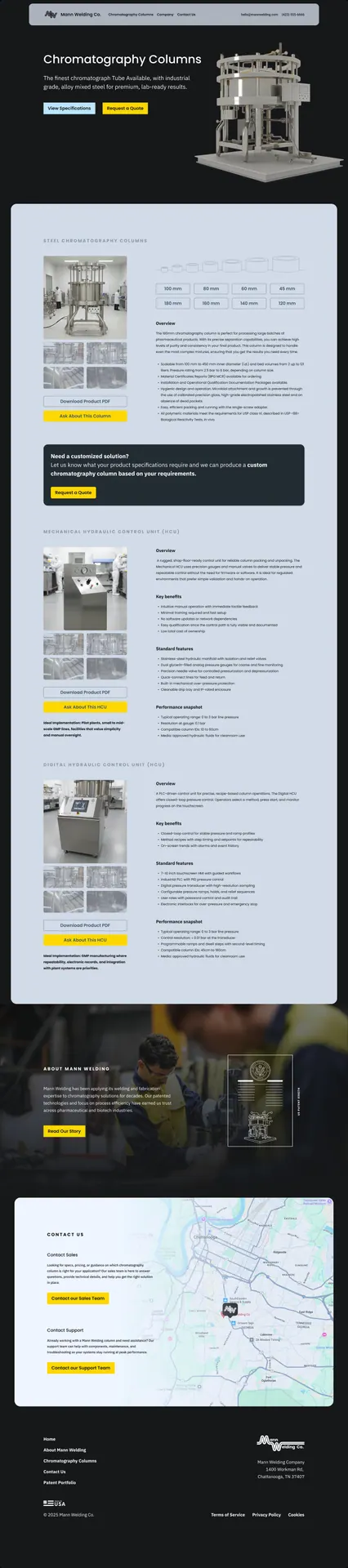 A product detail page with specifications, dimension tabs, and downloadable PDFs