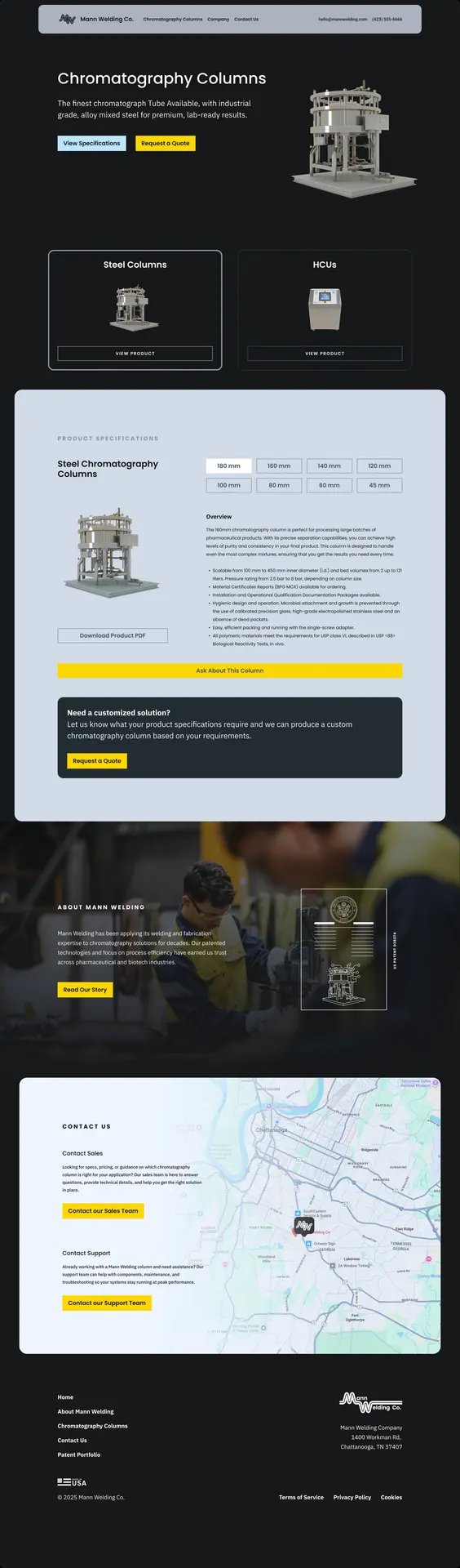 The full Mann Welding products page, from hero to footer