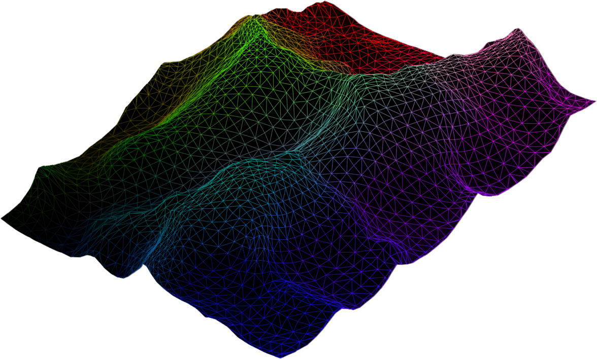 The mountain's wireframe mesh: rainbow-coded topology from the Z-Brush sculpting pass, before any texture was added.