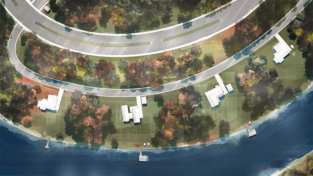Aerial render of a lakeside neighborhood