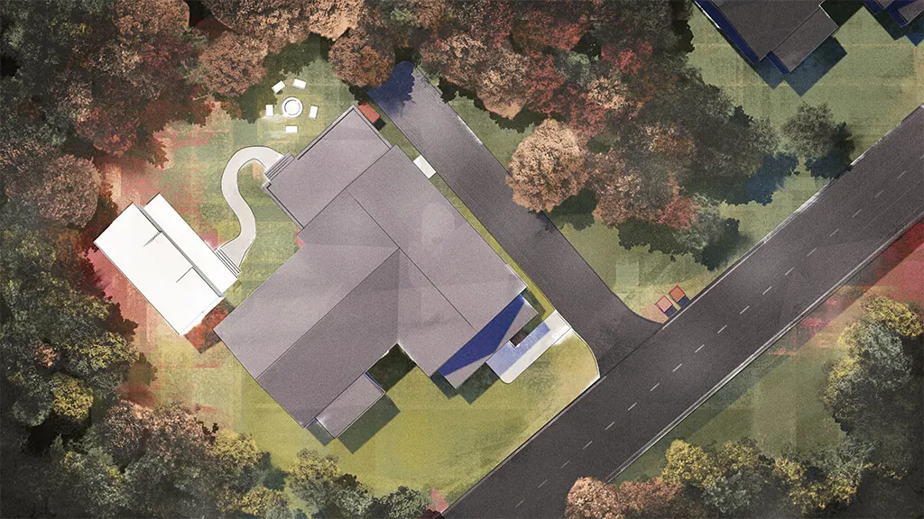 Aerial render of a single home site surrounded by woods